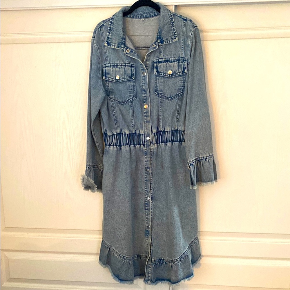 Denim Button-Up Dress with Ruffle Hem
